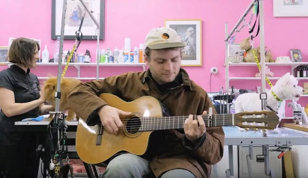 Illustration pour Mac DeMarco chante « This Old Dog » chez un toiletteur dans son nouveau clip